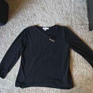 Nine West Black Long-Sleeve Top with Gold Ring Accents